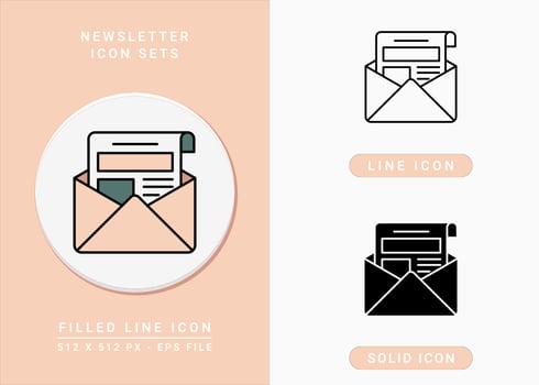 Newsletter icons set vector illustration with solid icon line style. Message and mail concept. Editable stroke icon on isolated background for web design, infographic and UI mobile app.