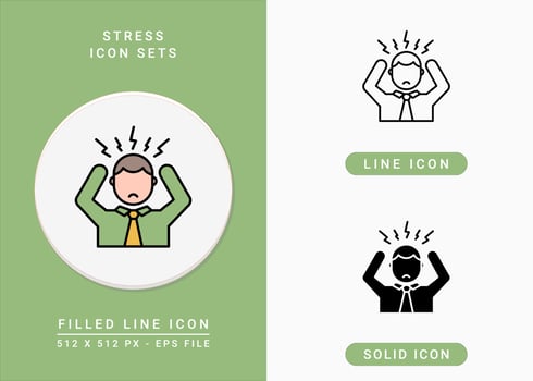 Stress icons set vector illustration with solid icon line style. Depression and pressure concept. Editable stroke icon on isolated background for web design, infographic and UI mobile app.