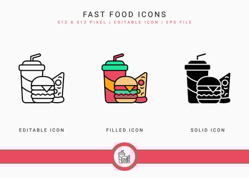 Fast food icons set vector illustration with solid icon line style. Cafeteria snack menu concept. Editable stroke icon on isolated background for web design, infographic and UI mobile app.