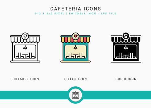Cafeteria icons set vector illustration with solid icon line style. Modern cafe building concept. Editable stroke icon on isolated background for web design, infographic and UI mobile app.