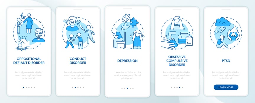 Childhood mental disorders blue onboarding mobile app screen. Walkthrough 5 steps graphic instructions pages with linear concepts. UI, UX, GUI template. Myriad Pro-Bold, Regular fonts used vector