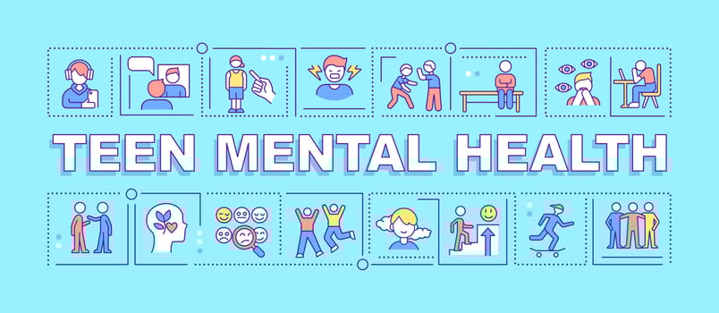 Teen mental health word concepts turquoise banner. Adolescent behavior. Infographics with icons on color background. Isolated typography. Vector illustration with text. Arial-Black font used