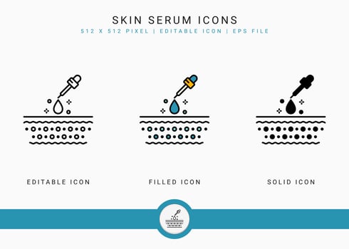 Skin serum icons set vector illustration with solid icon line style. Serum absorption symbol. Editable stroke icon on isolated background for web design, infographic and UI mobile app.