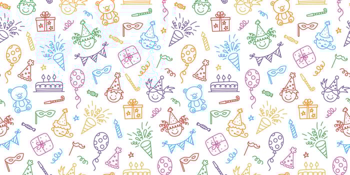 Seamless pattern with Happy Birthday doodles. Sketch of party decoration, funny smily children face, gift box and cute cake. Children drawing. Hand drawn vector illustration on white background