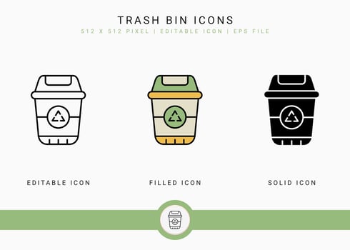 Trash bin icons set vector illustration with solid icon line style. Recycle garbage basket concept. Editable stroke icon on isolated background for web design, infographic and UI mobile app.