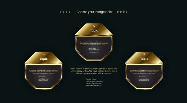 Three golden polygon shape buttons design and the premium options chart for levels template, the dark golden buttons on dark background design, vector, illustration vector