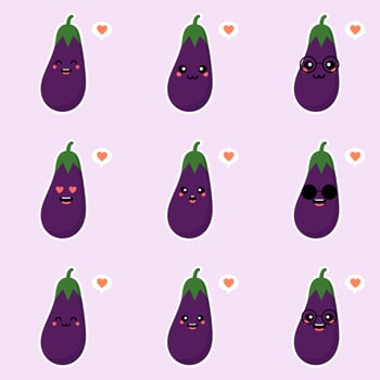 Cute and kawaii eggplant character. Vector illustration of eggplant. isolated object on a color background. Vegetarianism, vegan, mascot, healthy food, organic vegetables . For restaurant, culinary