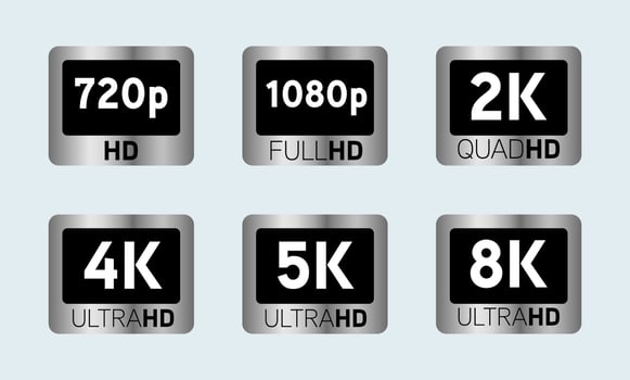 Video or screen resolution icons, white numbers with HD, Full HD, QHD, UHD, 2K, 4K, 5K, 8K text in silver rectangle. vector