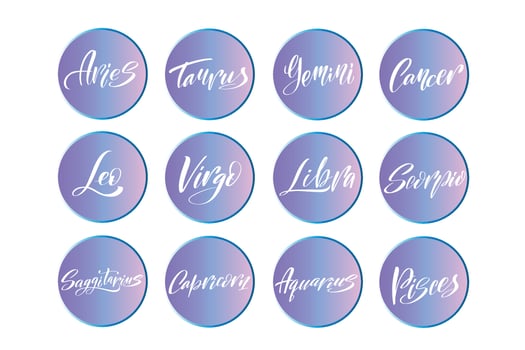 Vector set of logo design templates, icons and badges for social media highlight with cute zodiac symbols. Handwritten stock lettering typography.