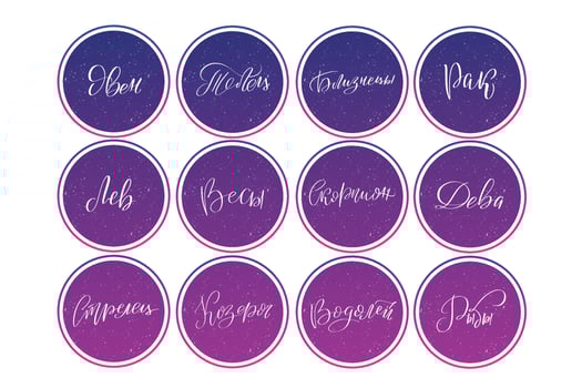 Collection of hand drawn lettering calligraphy zodiac signs and their names in Russian. Vector astrology set of logo design templates, icons and badges for social media highlight with symbols
