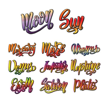 Mercury, Venus Earth, Mars, Jupiter Saturn, Uranus, Neptune, Pluto. Hand written names of solar system planet. Vector stock text elements on white background. Brush calligraphy style, lettering.
