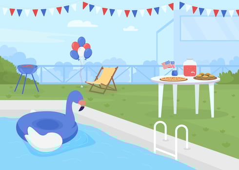 Celebrating Independence day of America at poolside flat color vector illustration