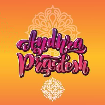 Andhra Pradesh. Handwritten stock lettering typography. Calligraphy for logotype badge icon card postcard logo, banner, tag. Vector illustration EPS10. Mandala, orange, multicolor bright gradient