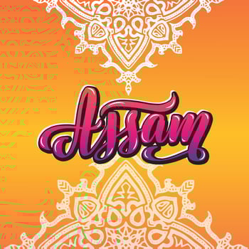 Assam Handwritten stock lettering typography. Calligraphy for logotype badge icon card postcard logo, banner, tag. Vector illustration EPS10. Mandala, orange, multicolor bright gradient
