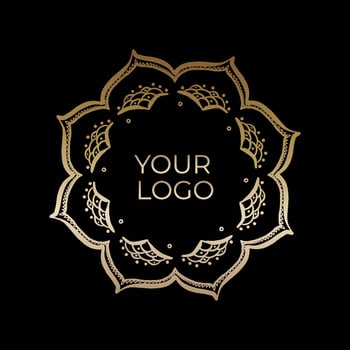 Logo icon ornamental mandala design in gold color. Vector stock illustration isolated on black background.