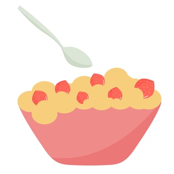 Oatmeal with strawberries in a cup with a spoon. Cereal milk breakfast. Healthy food. vector