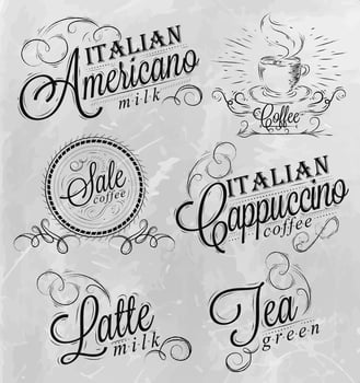 Names of coffee drinks espresso, latte, stylized inscriptions in coal on a blackboard vector