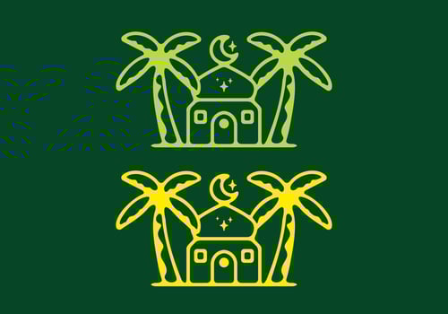 Mosque and date palm tree flat art illustration in yellow and green color vector