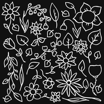 flowers icons on white background. Doodle vector illustration with flowers on black background. Vintage floral pattern