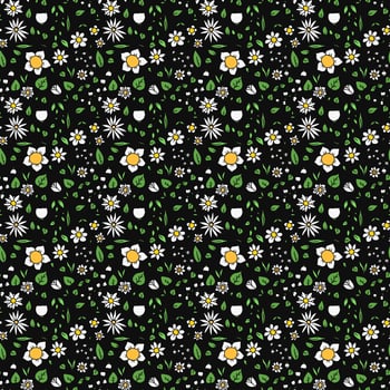 Colored seamless floral vector pattern. Doodle floral pattern on black background. Vintage floral illustration with white flowers