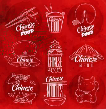 Set of symbols icons chinese food in retro style lettering chinese noodles, lucky cat, chinese tea, chopsticks, fortune cookies, chinese takeout box in red watercolor background vector