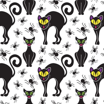 Halloween holiday vector seamless pattern. Black cats silhouettes of halloween.