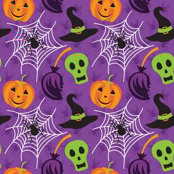 Vector seamless pattern with Halloween symbols spiderweb, pumpkin, skull, spider, broom and magic hat.