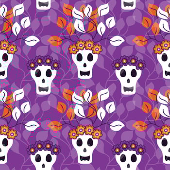 Halloween festive seamless pattern. Day of the dead. Skull with flower wreath and twigs with leaves. Colorful stylish skull. Vector stock illustration.
