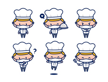 Cute male chef character mascot set wear face mask new normal vector