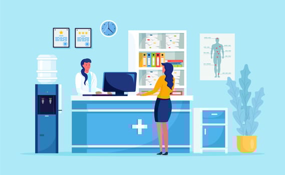 Doctor and patient in hospital reception. Woman wait physician in clinic hall. People, medical staff in waiting room of ambulance department. Consultation, diagnosis concept. Vector design