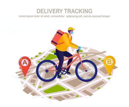 Free fast delivery service by bicycle. Courier delivers food order. Man travels in a respirator face mask with parcel on map. Prevention of coronovirus, Covid-19. Online package tracking. Vector