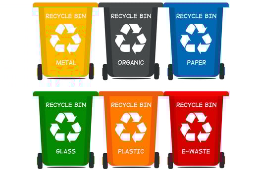 Different colored recycle waste bins vector illustration, Waste types segregation recycling vector illustration. Organic, batteries, metal plastic, paper, glass, e-waste, 2D, 3D.