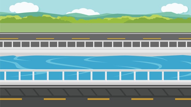 Empty asphlat road with river in the middle of the road. Landscape background of green grass and mountains under blue sky. vector