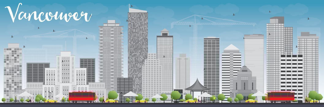 Vancouver skyline with grey buildings and blue sky. vector