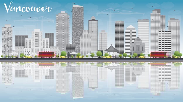 Vancouver skyline with grey buildings, blue sky and reflections. vector