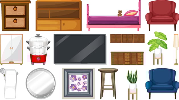 Furniture and household appliances on white background vector