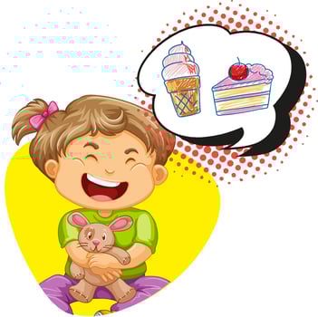 Girl thinking of icecream and cake vector