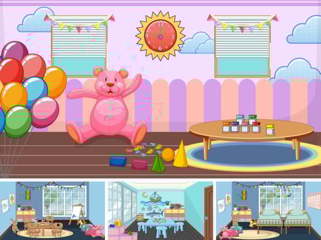 Set of different kindergarten classroom scenes vector