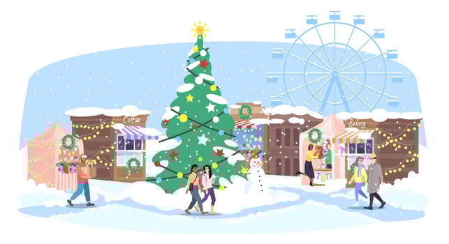 Christmas fair flat vector illustration. Xmas street market, funfair. Cartoon people walk winter fairground with holiday market stalls, Christmas tree and ferris wheel. New Year greeting card design