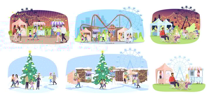 Fun fair flat vector illustrations set. Winter and summer street market, funfair. People walk fairground with Christmas tree, market stalls, ferris wheel and roller coaster. City event, festival