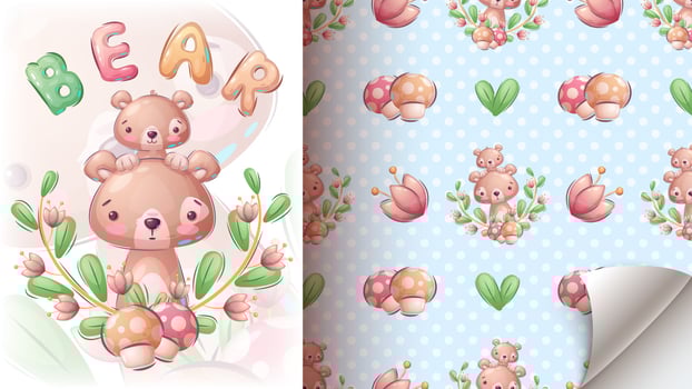 Cartoon character pretty family bear - seamless pattern vector
