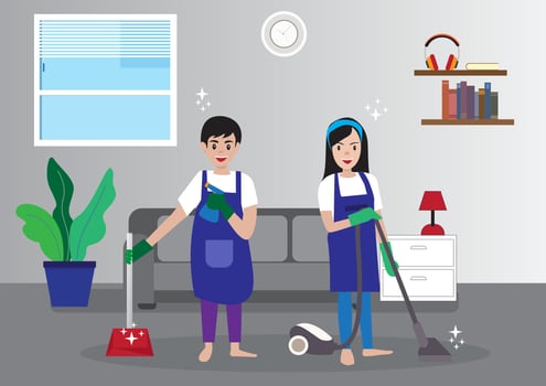 happy couple woman man doing housework husband and wife cleaning the house vector illustration