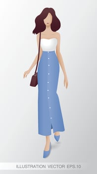 Walking fashion woman wears blue long skirt with white strapless top and carry the brown shoulder bag illustration vector. vector
