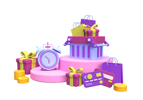 Shopping banner with gifts cart and bags illustration for business idea concept background png