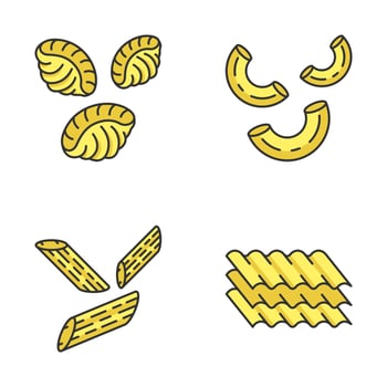 Pasta noodles color icons set. Different Mediterranean macaroni. Shells, elbows, penne, lasagne sheets. Types of dry dough products. Traditional Italian cuisine. Isolated vector illustrations