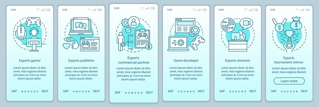 Esports onboarding mobile app page screen vector template. Video games competition. Gaming tournament. Walkthrough website steps with linear illustrations. UX, UI, GUI smartphone interface concept