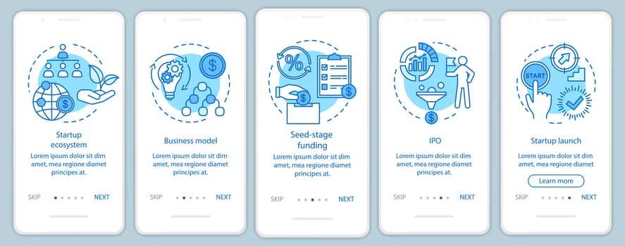 Startup onboarding mobile app page screen with linear concepts. Building business walkthrough steps graphic instructions. UX, UI, GUI vector template with illustrations