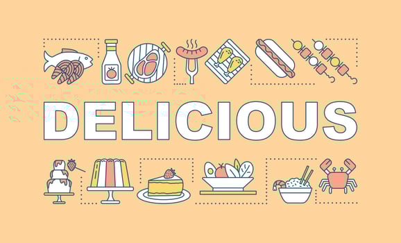 Delicious word concepts banner. Tasty food. Barbecue, seafood, desserts, vegetables. Presentation, website. Isolated lettering typography idea with linear icons. Vector outline illustration