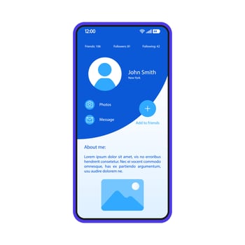 Social media app smartphone interface vector template. Mobile page blue design layout. Social networking service. Users profile, account screen. Flat UI for application. Online blogging. Phone display