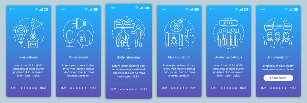 Public speaking skills onboarding mobile app page screen vector template. Voice control, body language, audience dialog. Walkthrough website steps with line icons. UX, UI, GUI smartphone interface